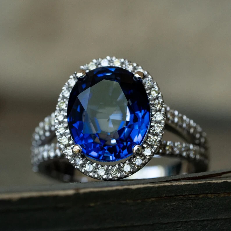 4.50 Ct Natural Sapphire Diamond Engagement Wedding Ring 14K White Gold Size 8