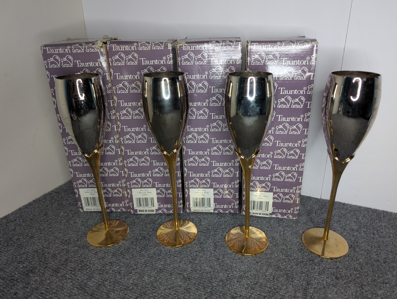 (4) Sheridan Taunton Silversmiths Two Tone Champagne Flutes Drink Silver & Gold