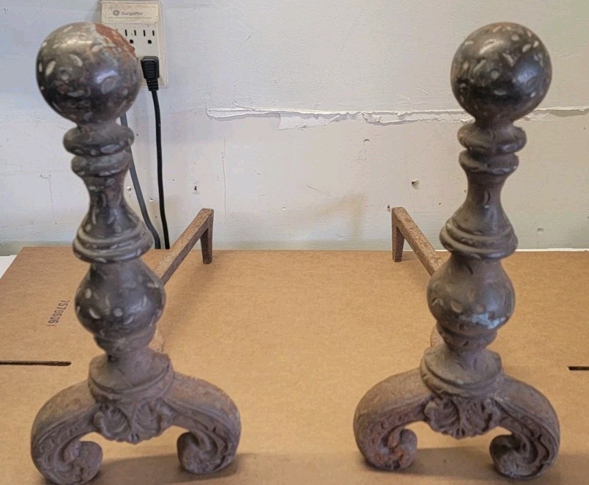 Pair of Antique Andirons Cast Iron Fireplace Log Holders Salvage 1919
