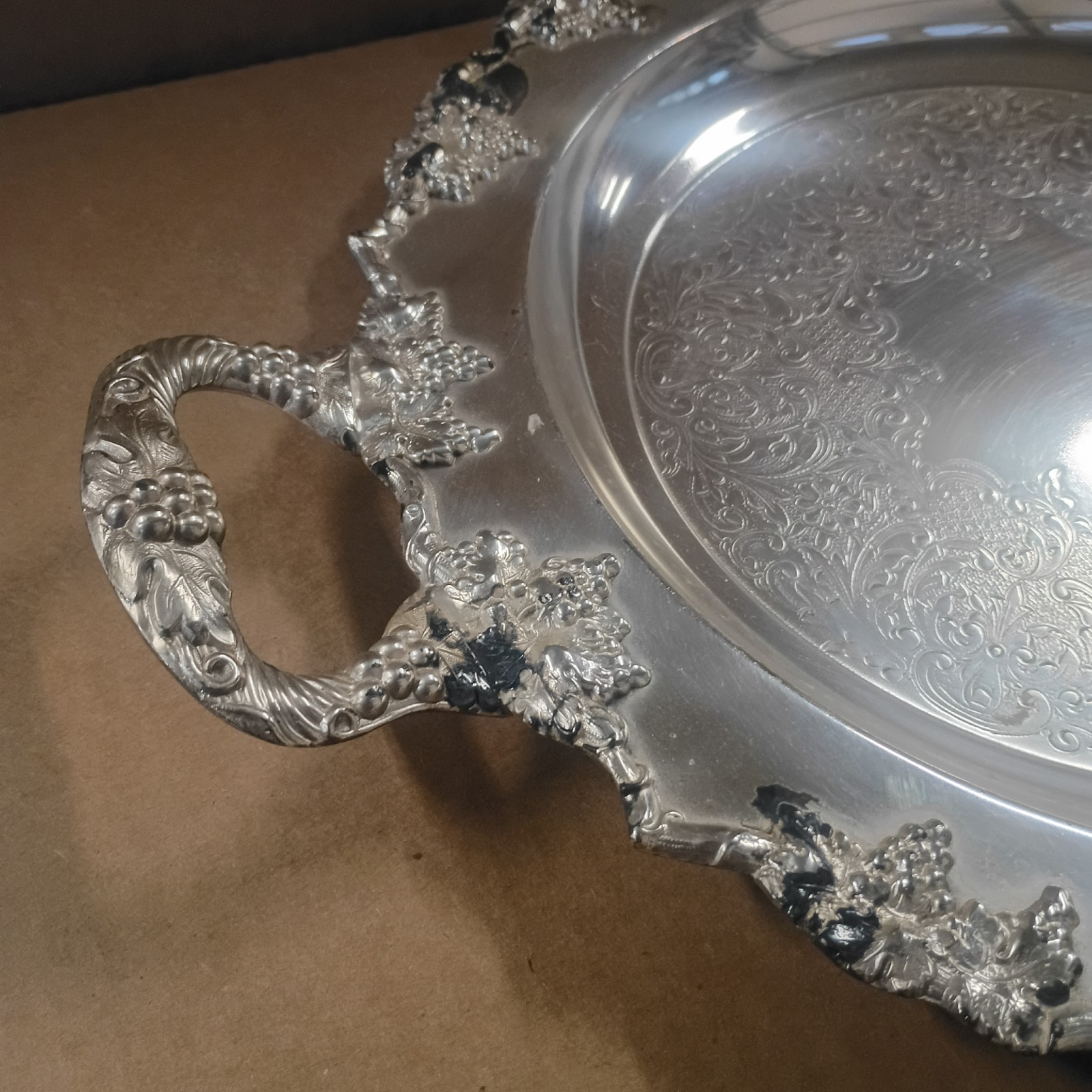 Crescent Silver coated copper grapevine pattern serving tray