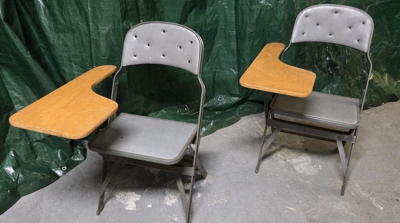 Vintage Industrial Military Navy Folding Chair Metal School Desk Steam Punk