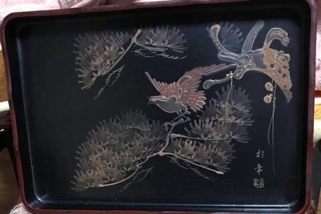 Late Edo Japanese Makie Lacquer Wooden Rectangular Tray Black Gold Inlay 39.5cm