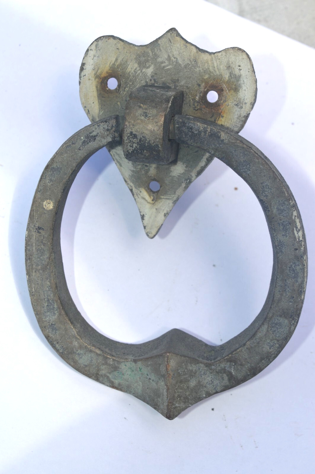 Antique aged Brass Door Knocker ~Shield mount , heavy handle, tarnish Hand Forge