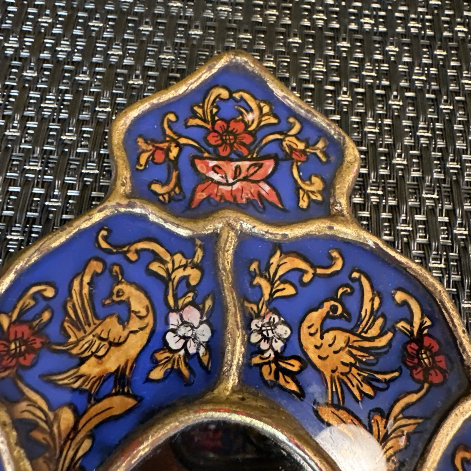 Peruvian Reverse Painted Wall Mirror Blue Gold Birds Floral Folk Art MCM 7”x5”