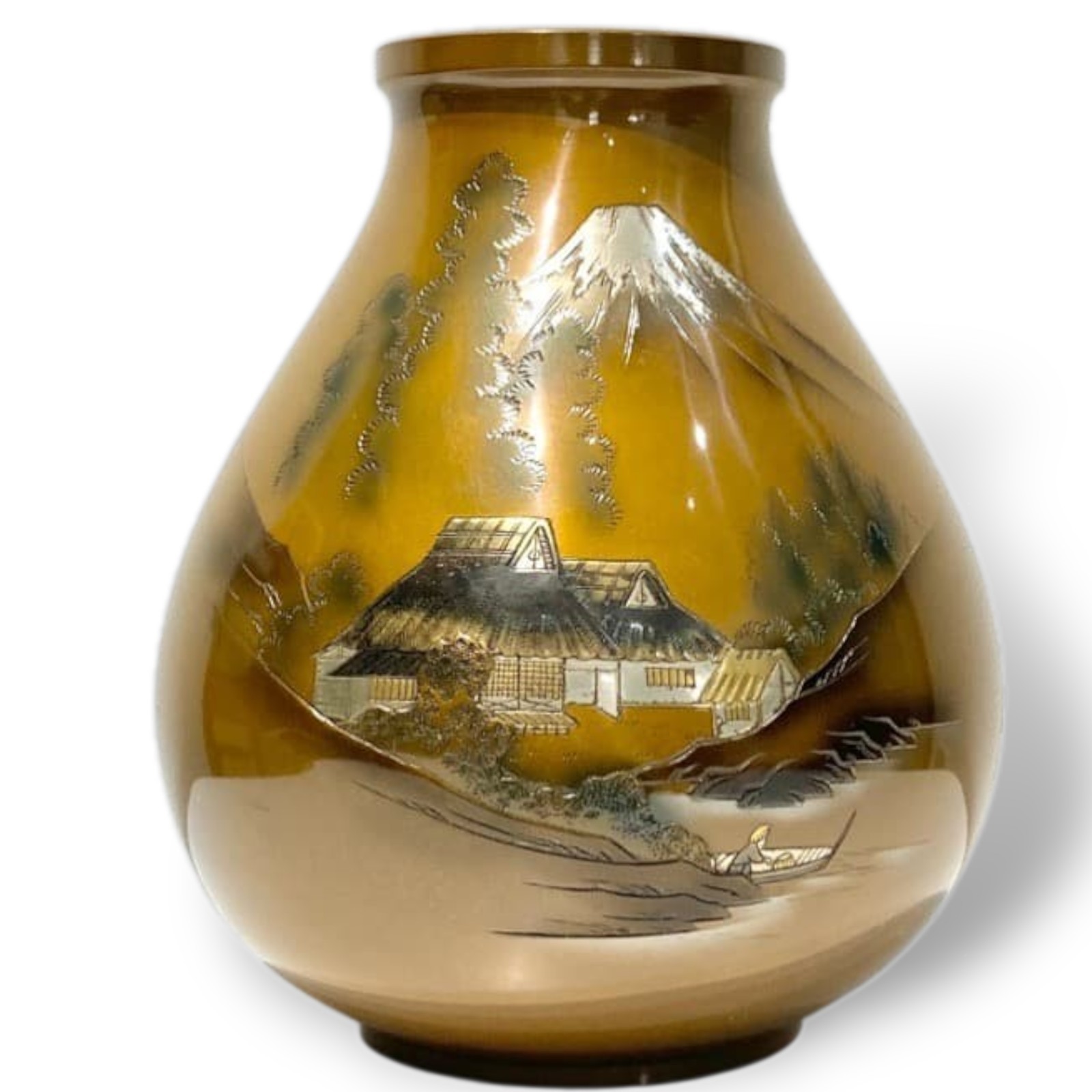 Fuji Mountain Japanese Bronze Vase Vintage Metal Jar Vessel Landscape 10.3 inch