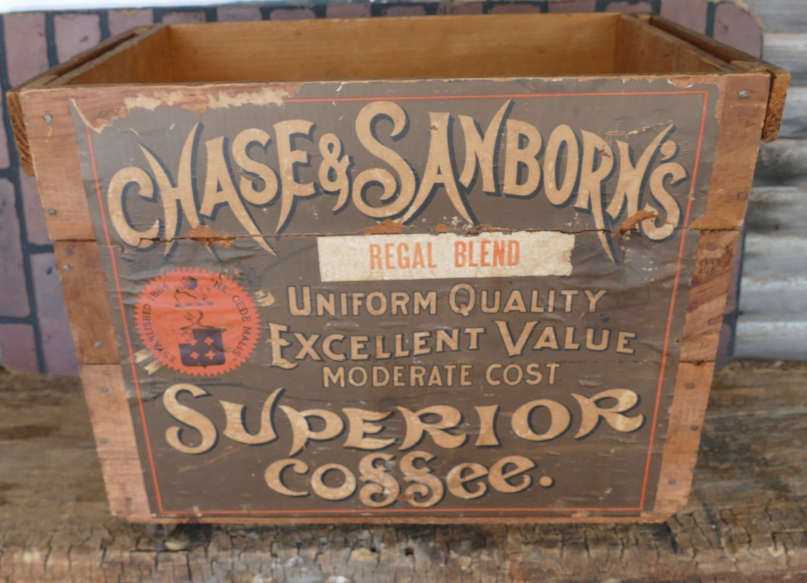 antique primitive 19th c Chase & Sanborn’s coffee wood box crate on castors