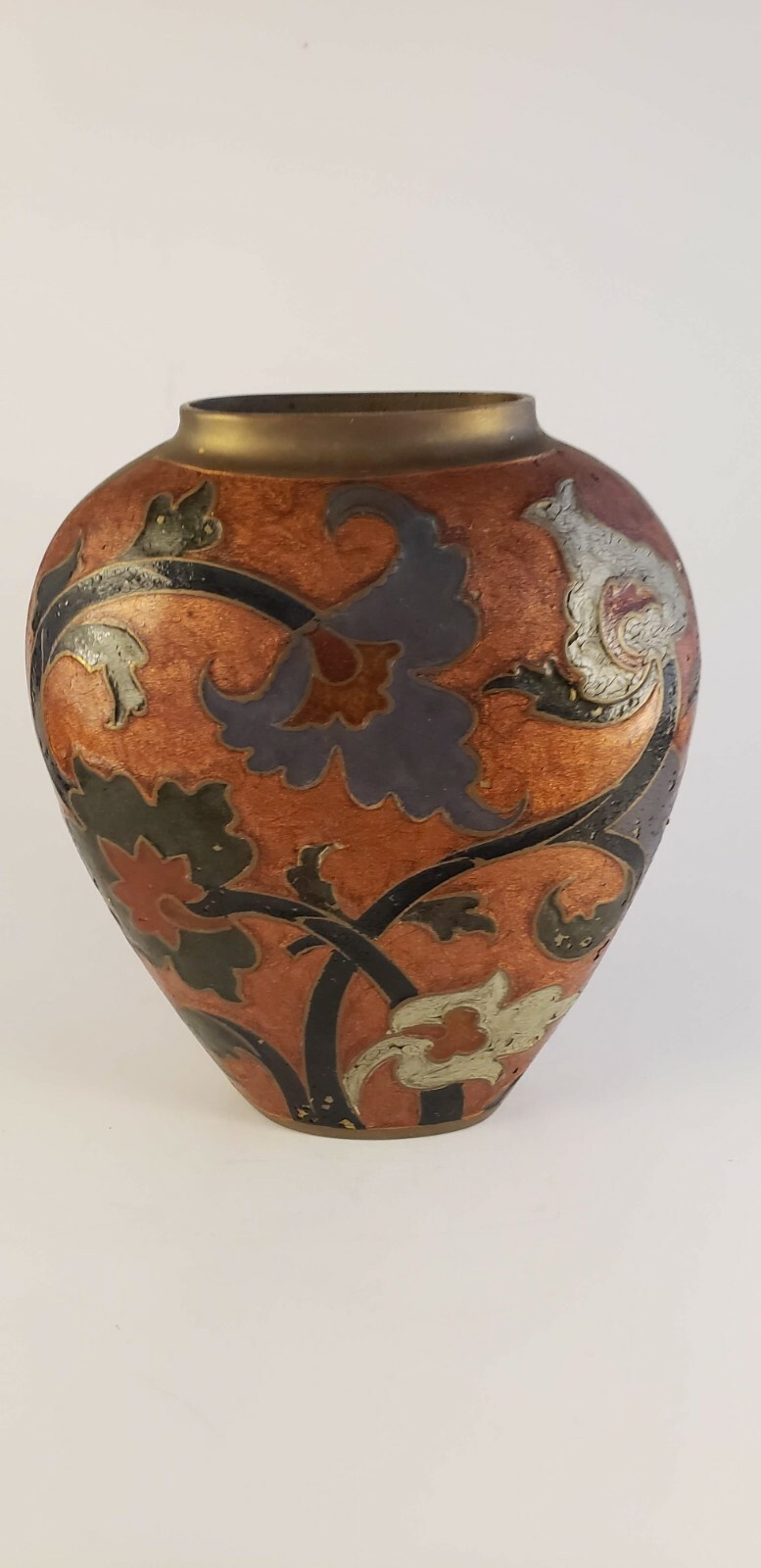 Vintage Solid Heavy Brass Vase with handpainted flower design
