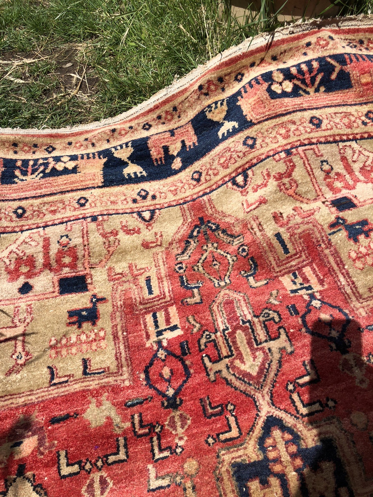 Afghan rug Antique vintage Turkmen pictorial hand woven distressed 84″ x 59″
