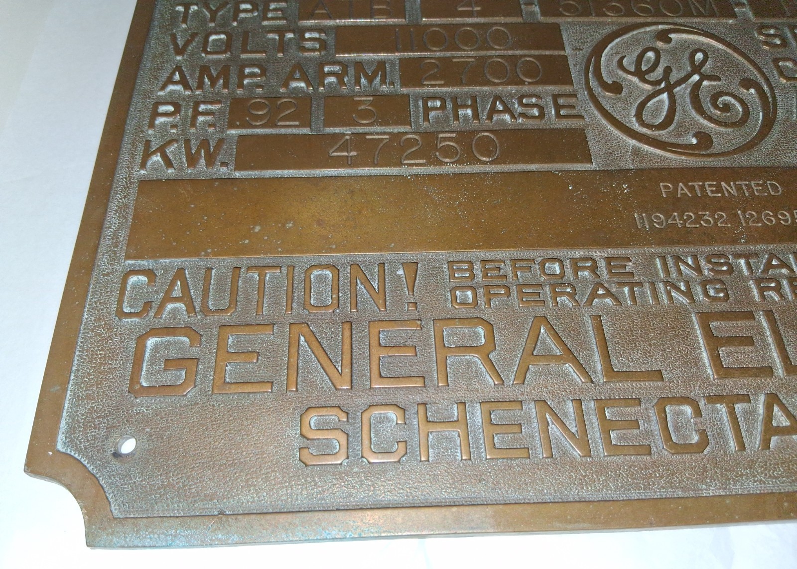 Alternating Current Generator General Electric Co Heavy Brass Plaque/Sign – Rare