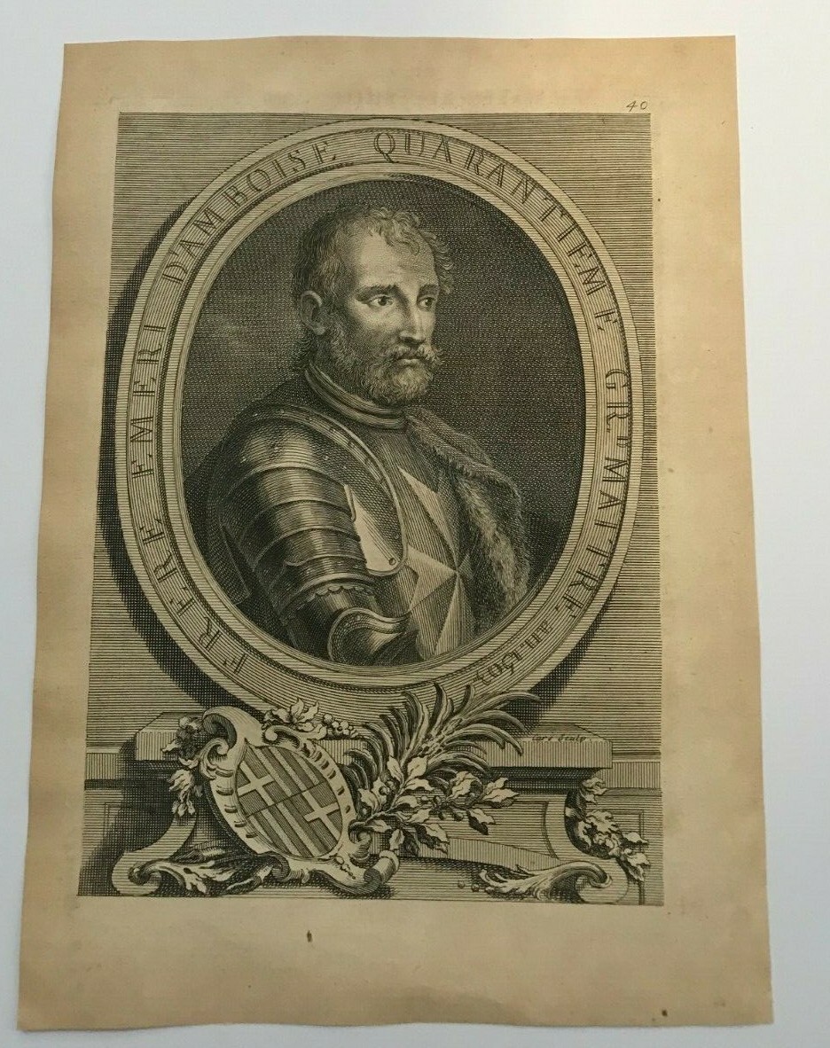 ORDER OF MALTA GRAND MASTER EMERY D’AMBOISE 1726 ANTIQUE ENGRAVED PORTRAIT