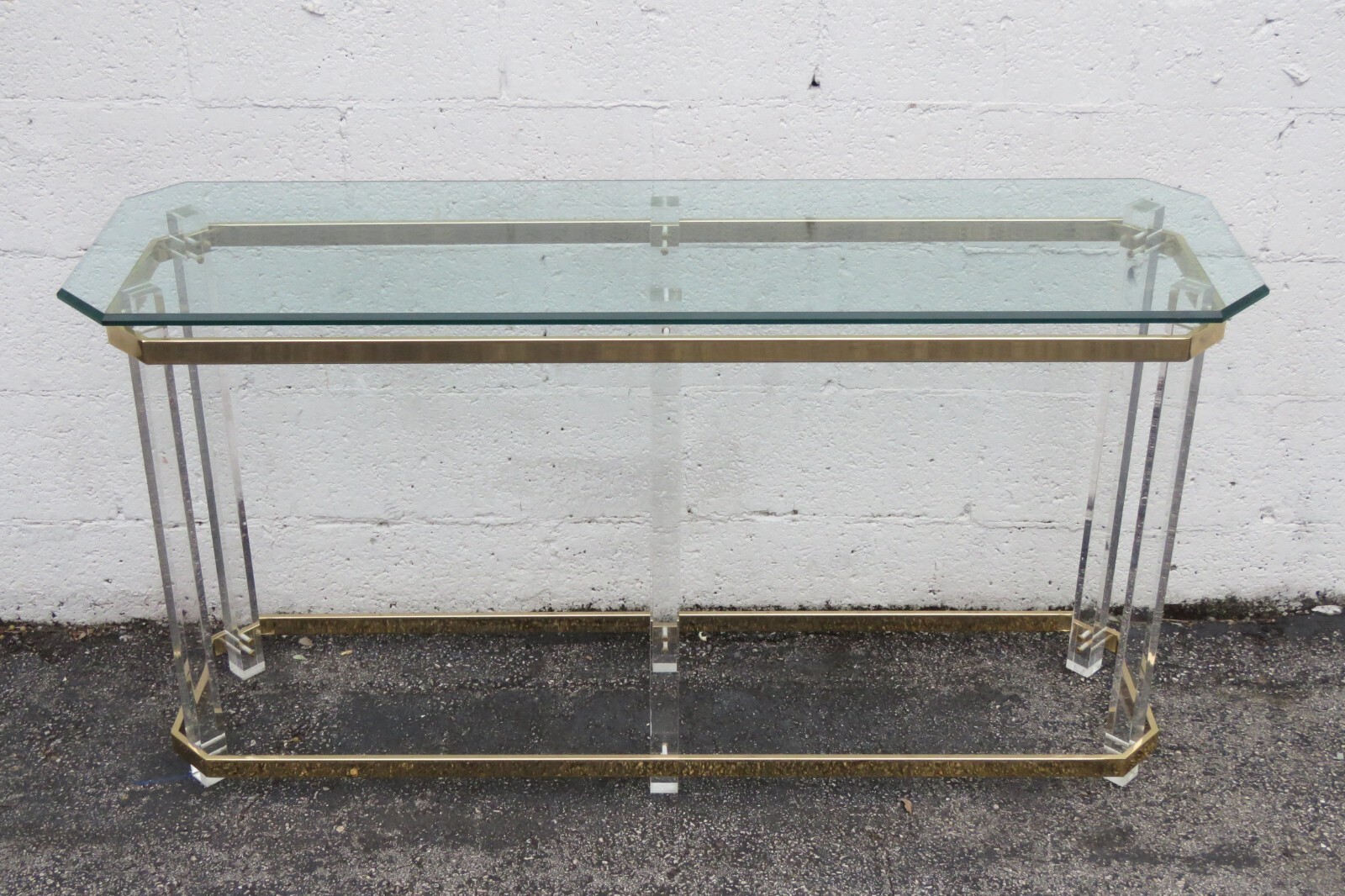 Hollywood Regency Lucite and Brass Finish Glass Top Console Table 5652