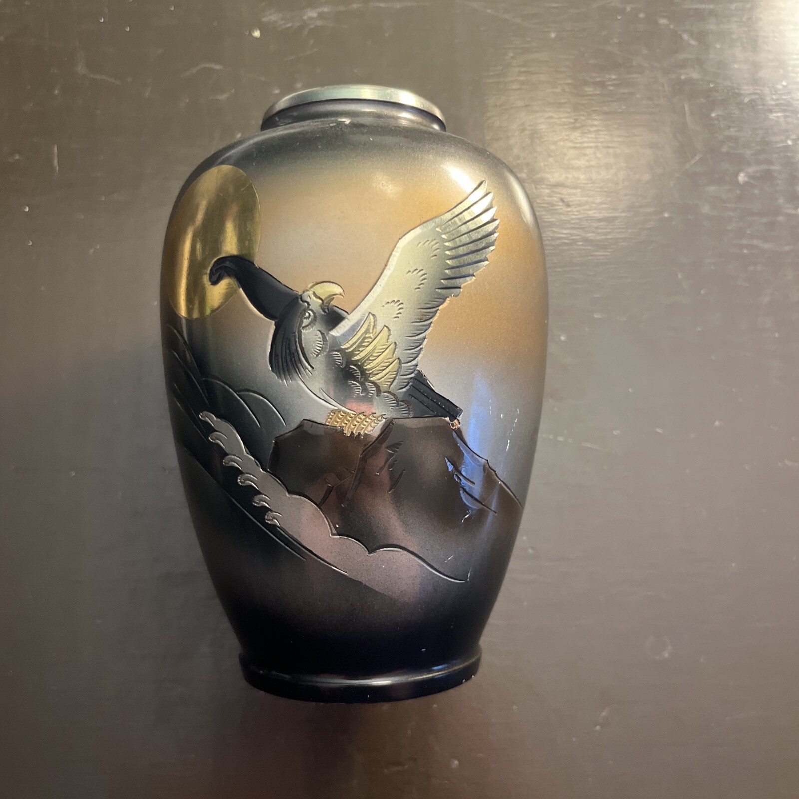 Vintage MCM Oriental Japanese Made Grey Mixed Metal Vase 6.25” Tall