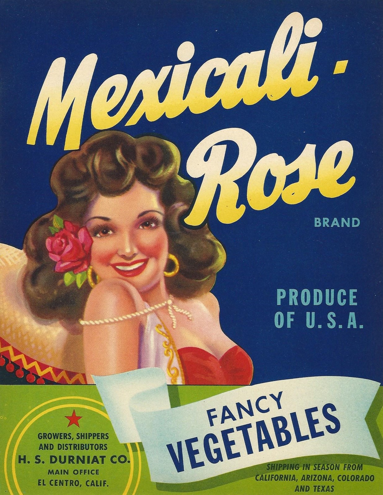 RARE OLD ORIGINAL 1940’S SENORITA “MEXICALI-ROSE” BOX LABEL ART CALIFORNIA/TEXAS