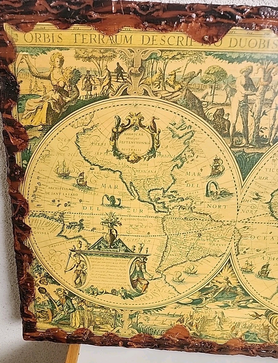 Old World Map Wall Art Double Hemisphere Wood Mounted Burnt Edges & Chain Vtg