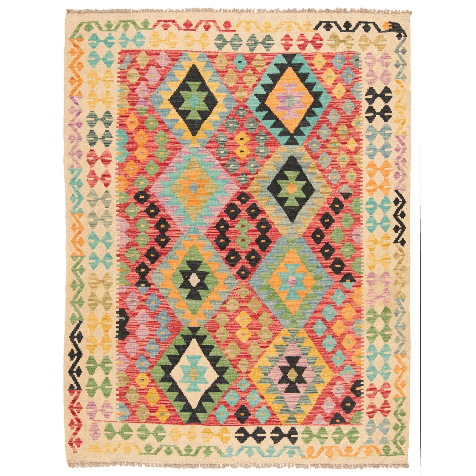 Kelim Afghan 202×154 cm Handwoven Oriental Carpet Rug Wool Pink Kilim