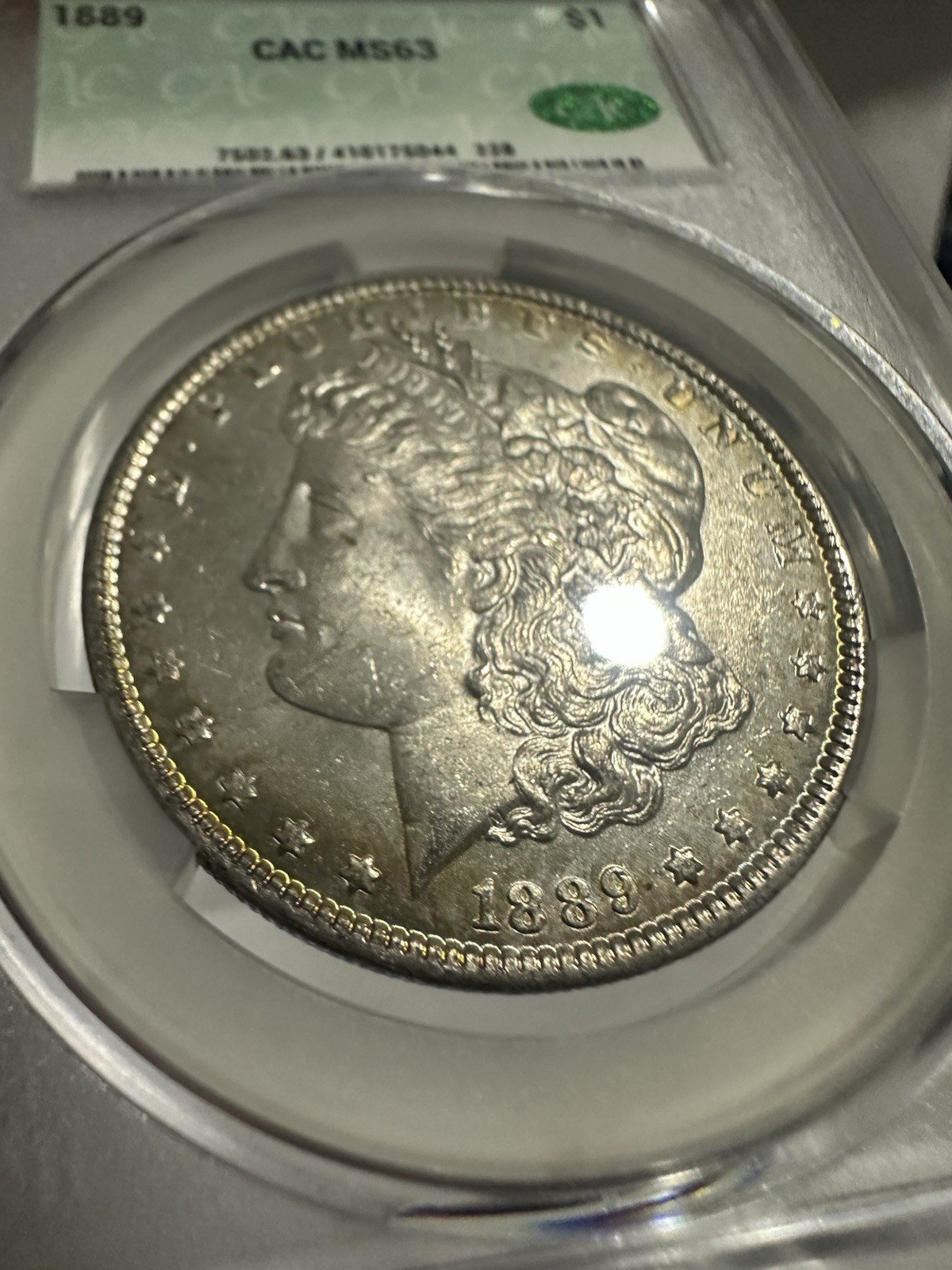 1889-P Morgan Silver Dollar Rainbow Toned MS63 CAC Certified