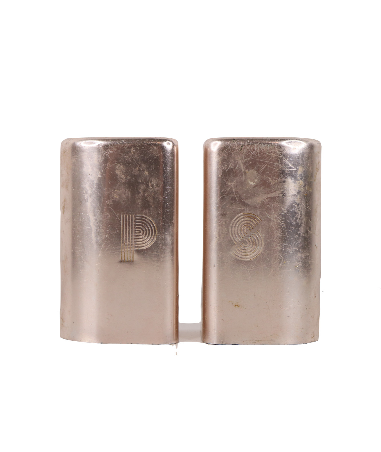 Vintage 60s Mid Century Modern MCM Aluminum Salt Pepper Shaker Set Rose Gold
