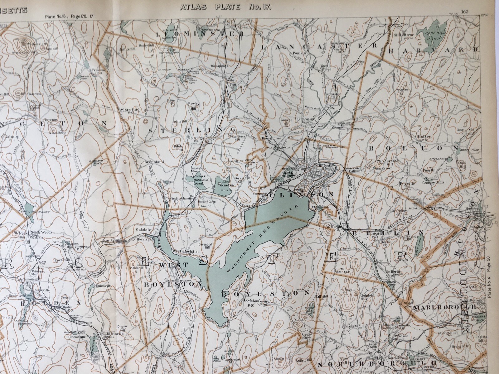 1907 Original Map,Worcester,Northborough,Sterling,Harvard,Leominster,Mass MA,old