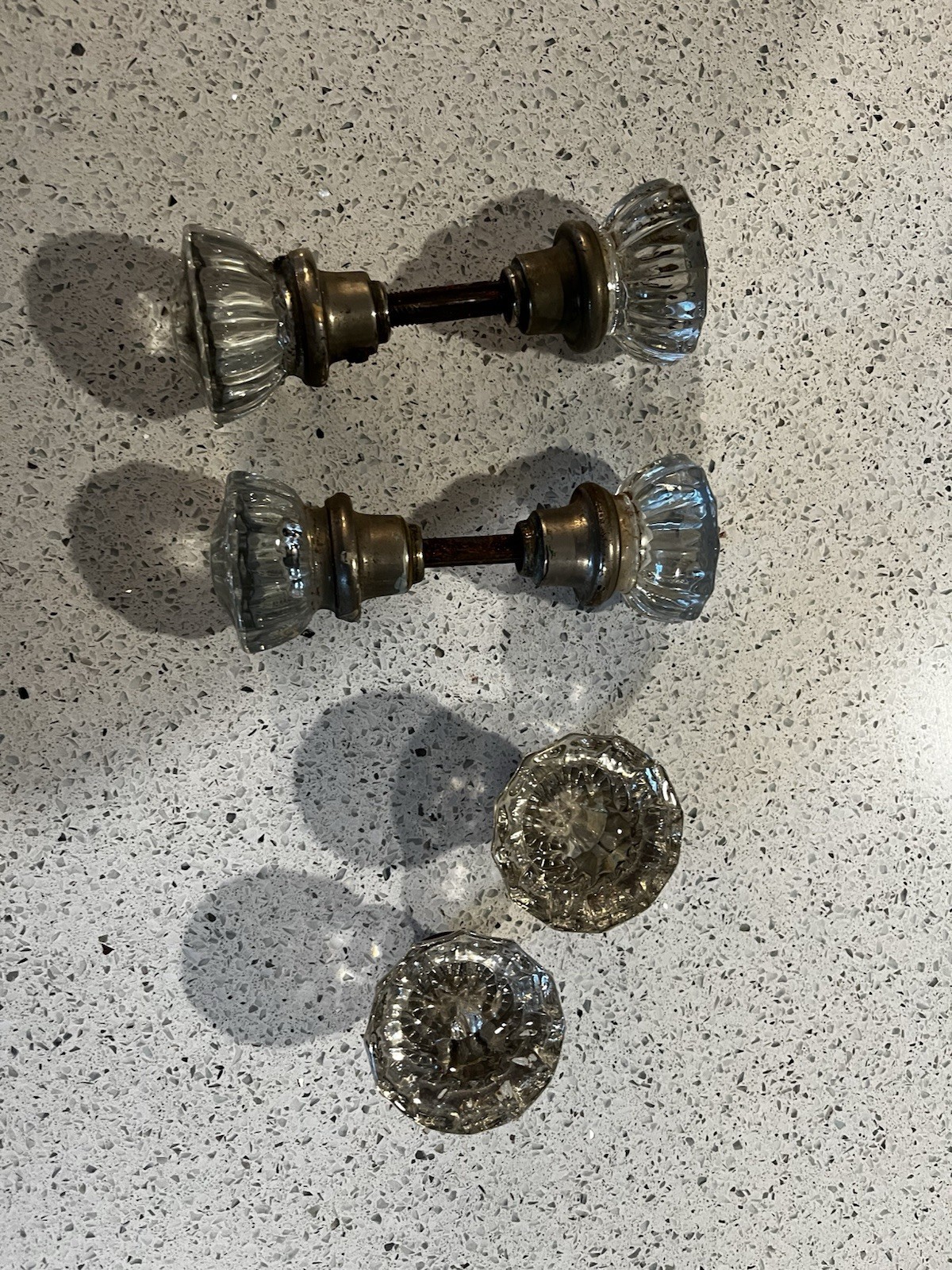Vintage 12-Point Brass Crystal Glass Door Knobs, Lot Of 3 Pairs