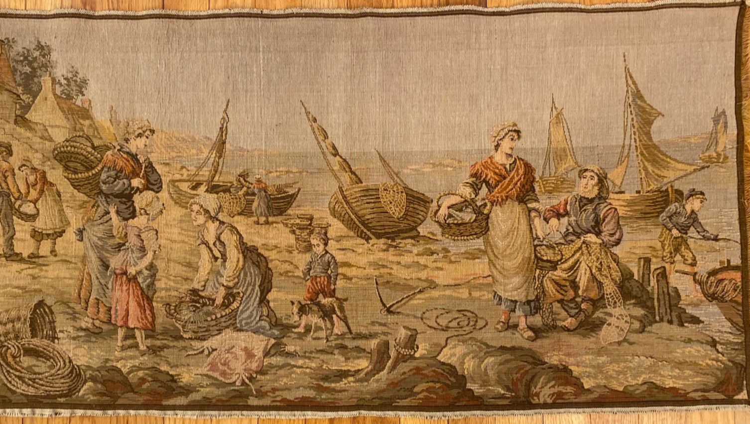 Vintage Belgian Tapestry Wall Hanging Fishermen Family Dog Boats Coastal