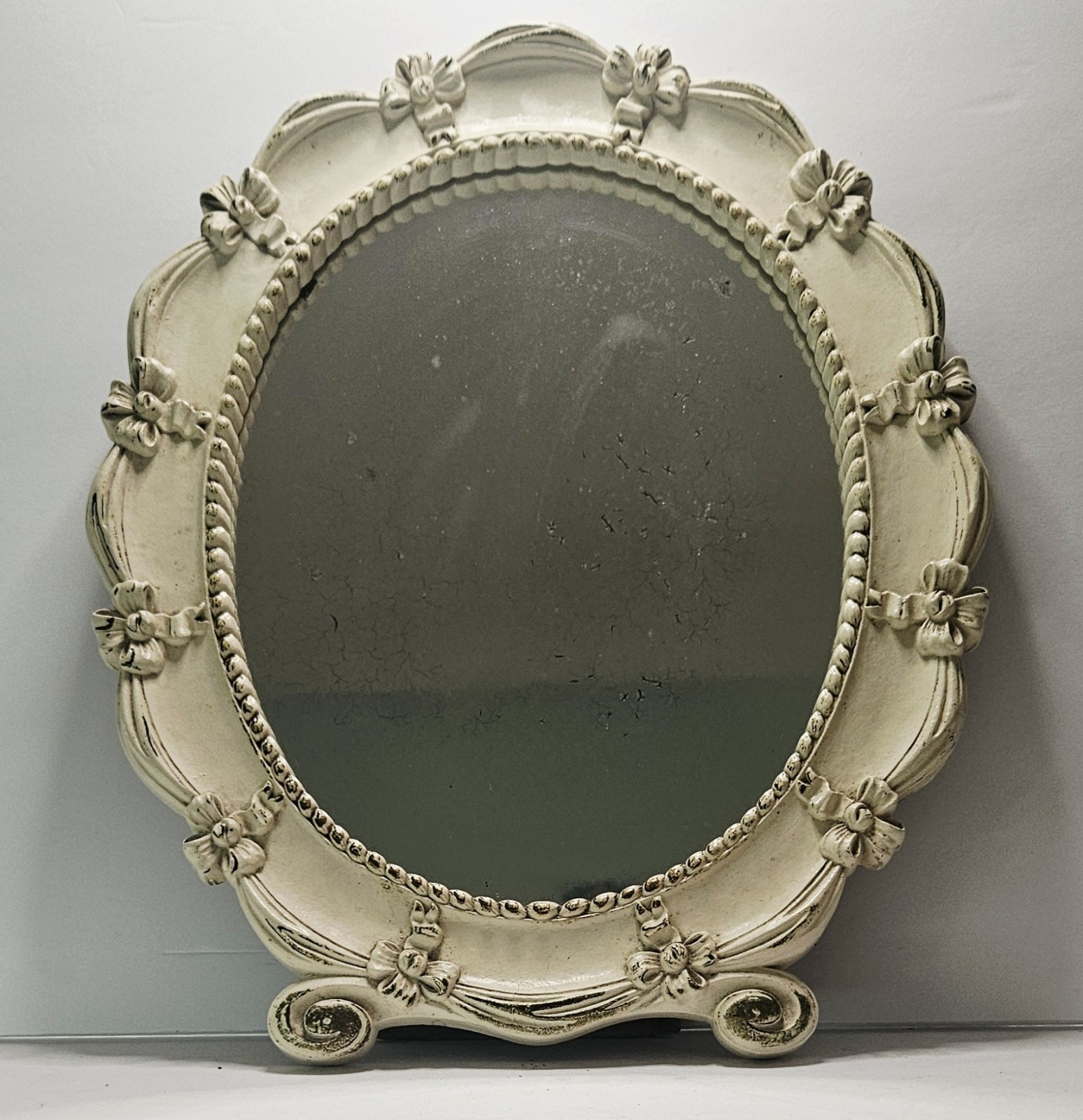 RARE VINTAGE SYROCO Style 1943 SHABBY CHIC Ivory Bow Ribbon Vanity MIRROR 13×11