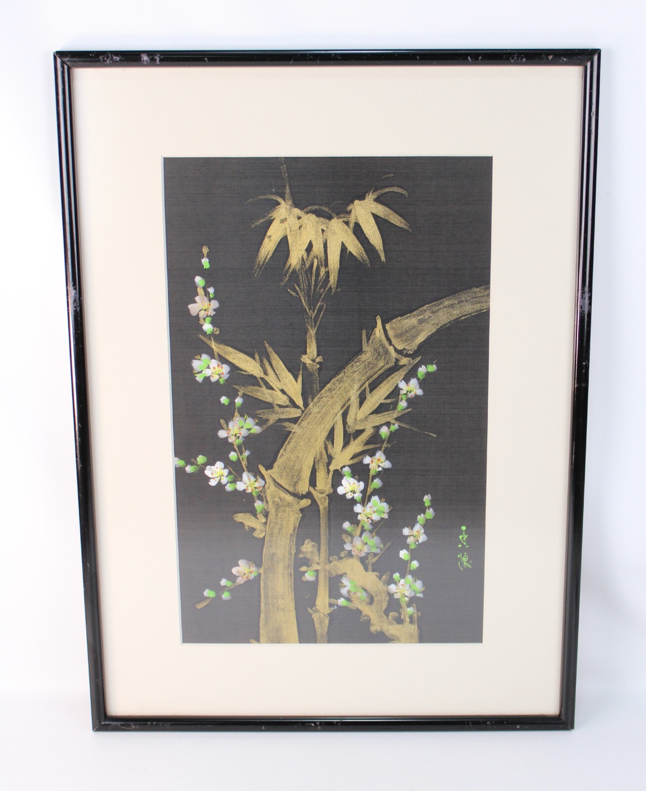 Antique Asian Bamboo Floral Painting On Black Silk With Green Mark