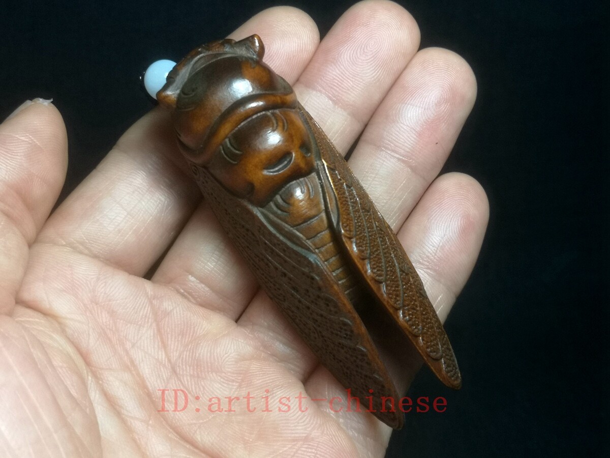 3.2 Inch Boxwood Hand Carved Cicada Figure Statue Netsuke Gift Old Collectable