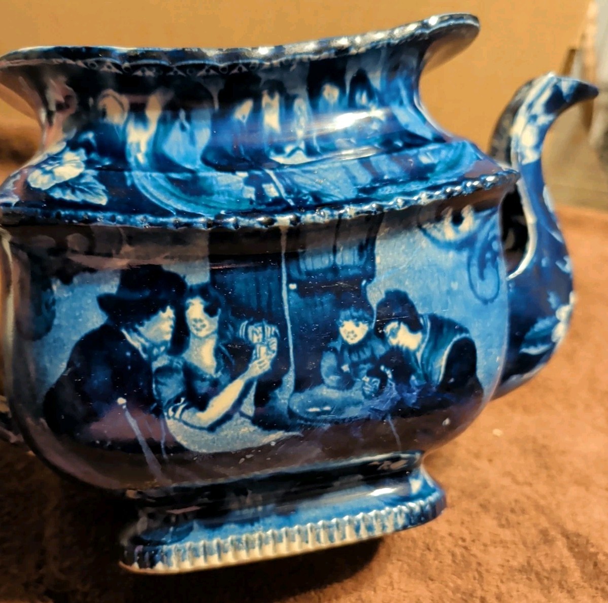 Historic Staffordshire Blue Transfer Teapot People Siting At A Table c. 1800’s