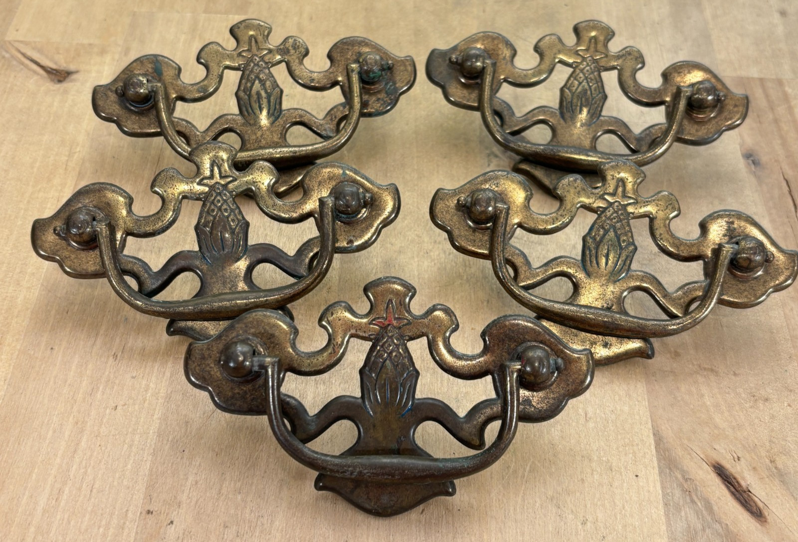 Set 5 Vintage Brass Bassett Pineapple Drawer Drop Bail Pull Handles, 4.25″w