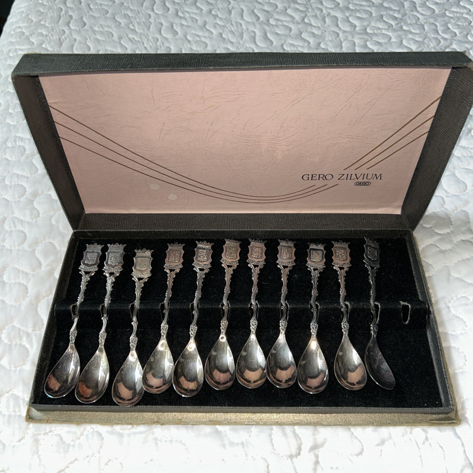 Gero Zilvium 90 Silverpate Demitasse Spoons Dutch Provinces Set of 11 Boxed VTG