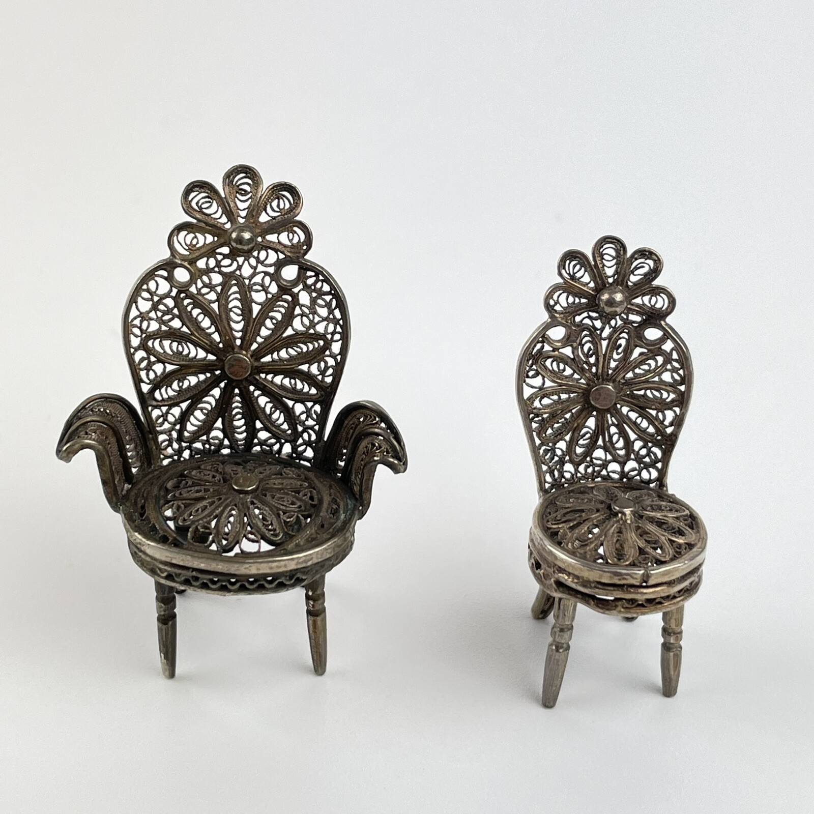 2 Antique Solid Low Grade Silver Tested Filigree Floral Miniature Chairs