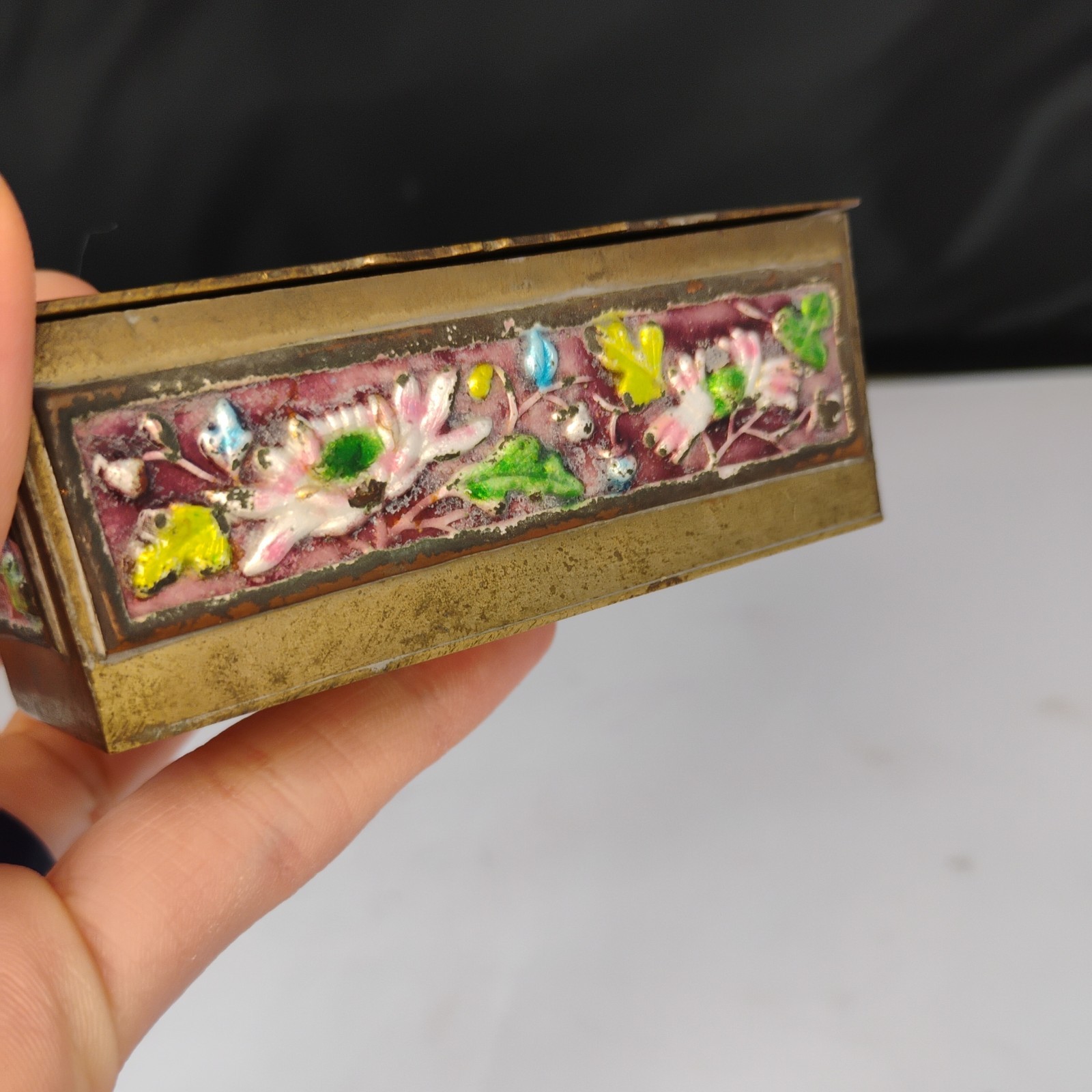 Antique Chinese Cloisonne Enamel Stamp Box Brass 3.25″X1.5″ Unique Decor