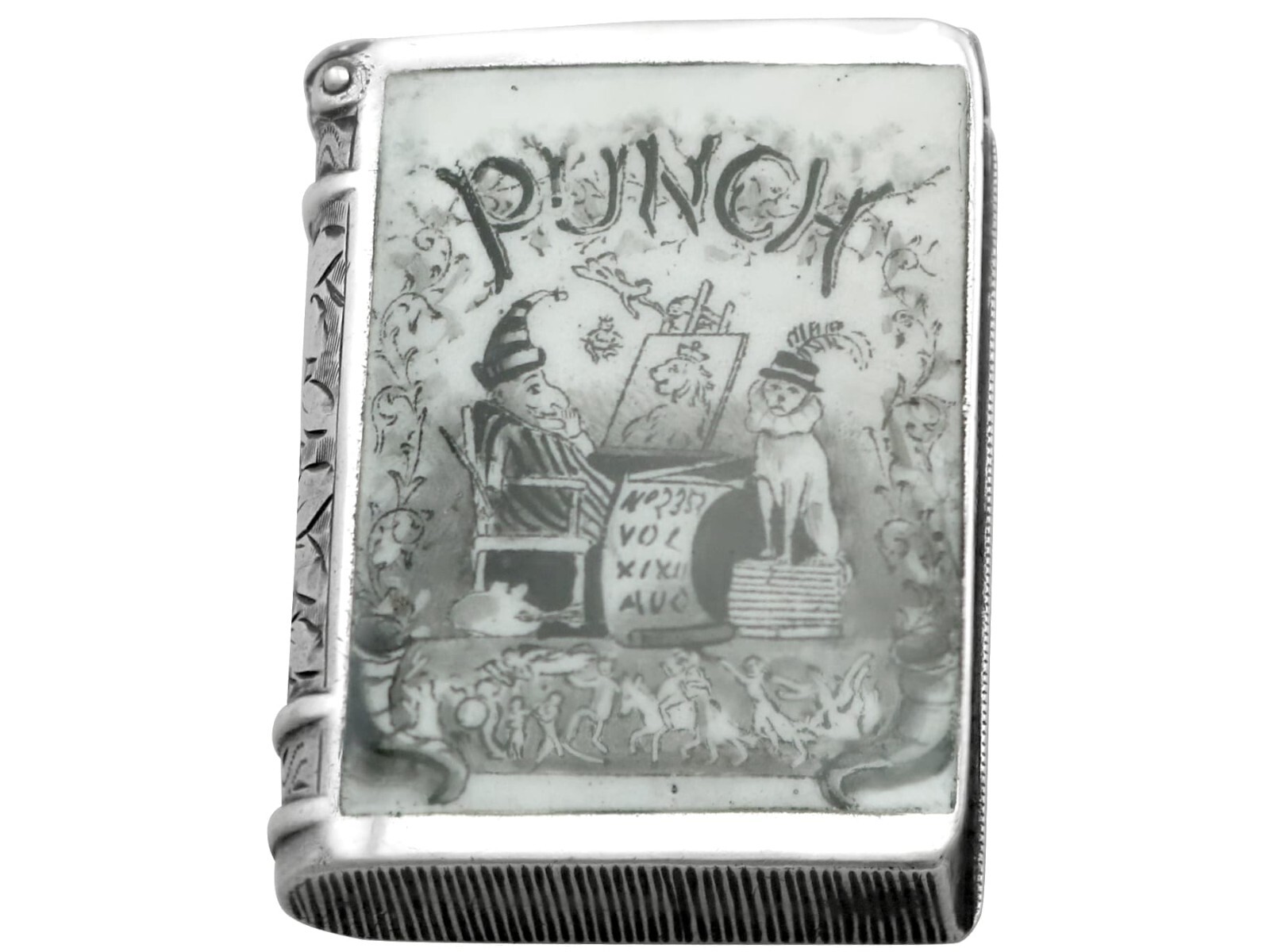 Antique Victorian Sterling Silver and Enamel Punch and Judy Book Vesta Case
