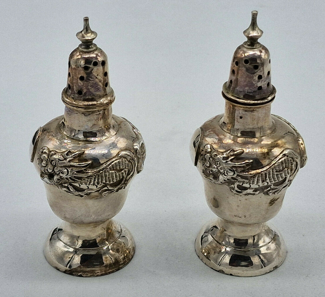 ANTIQUE BEAUTIFUL PAIR CHINESE EXPORT SOLID SILVER SOLT POT / C019