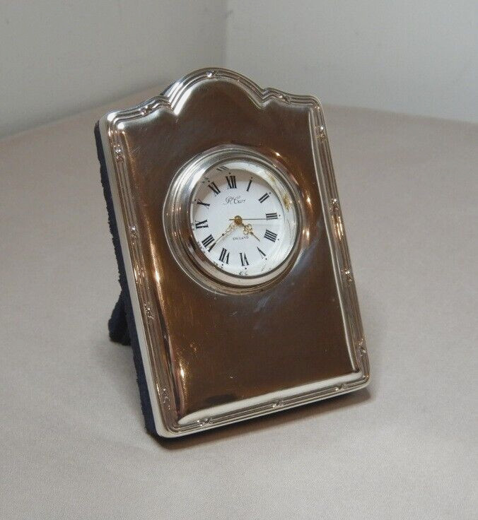 VINTAGE ENGLISH STERLING SILVER TRAVEL CLOCK SHEFFIELD 1994 BY R CARR 9cm x 6cm