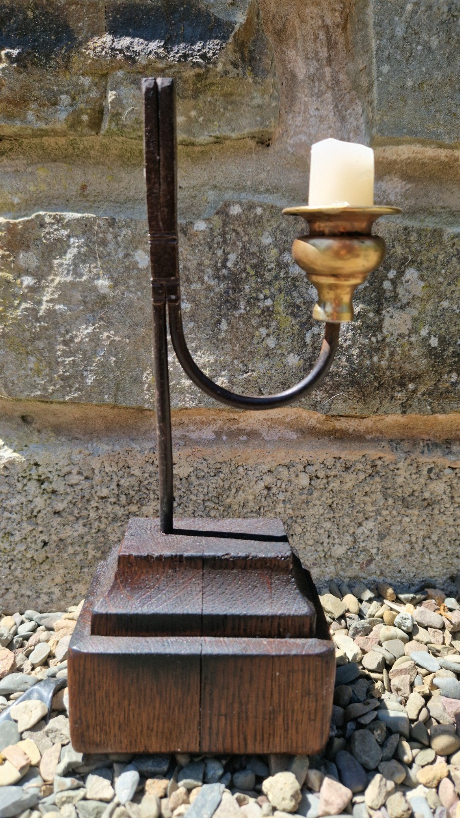 Antique wrought iron rushlight holder nip brass candlestick oak base