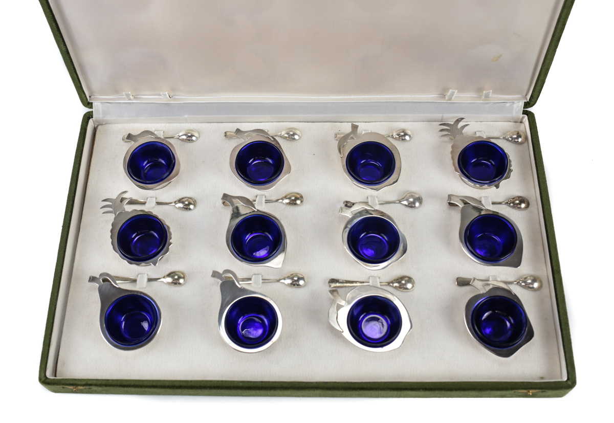 12pc 800 Silver Fabbrica Argenteria Fiorentina di Bartolini open salts w/ spoons