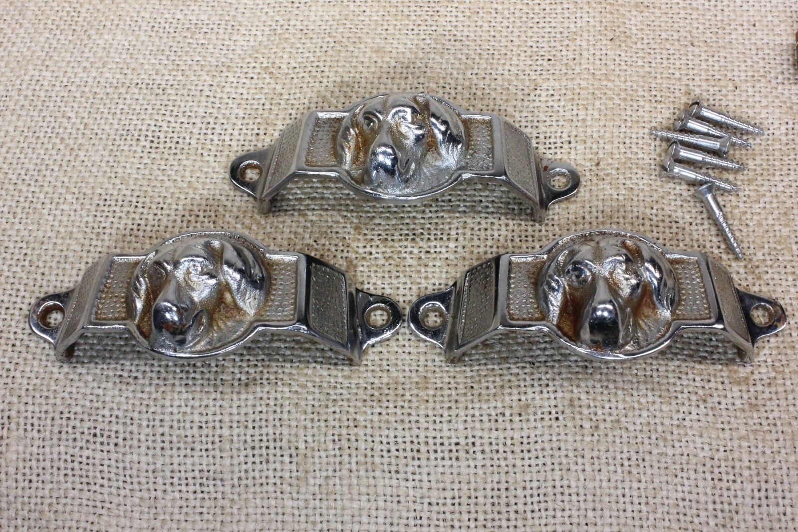 3 Old Hound Dog Doggie Drawer Bin Pulls 3 1/2” Cast Iron Vintage 1897 Chrome