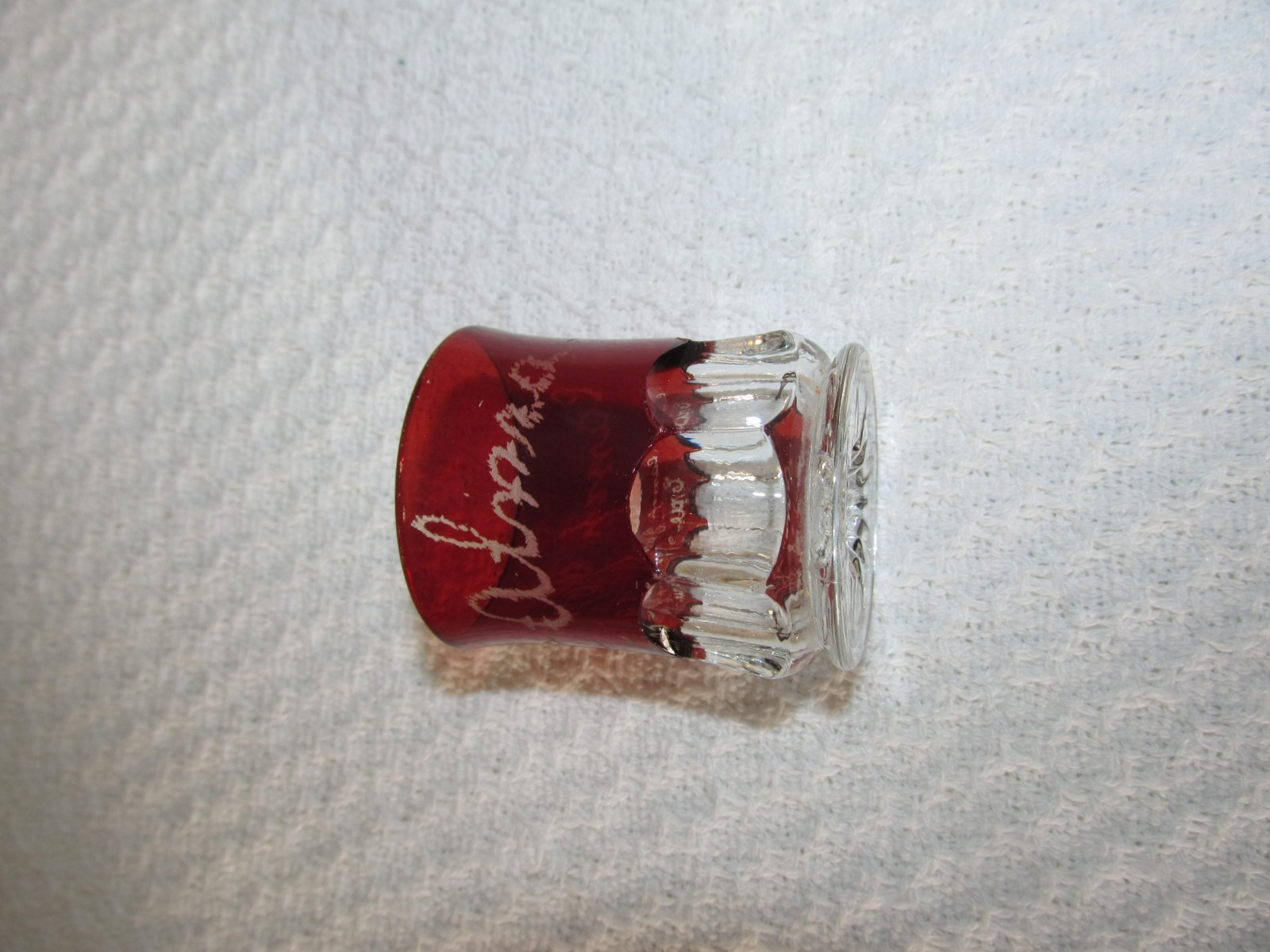 Antique Etched Jones Irma Ruby Flash Erie 1905 Souvenir Fair Red Shot Glass
