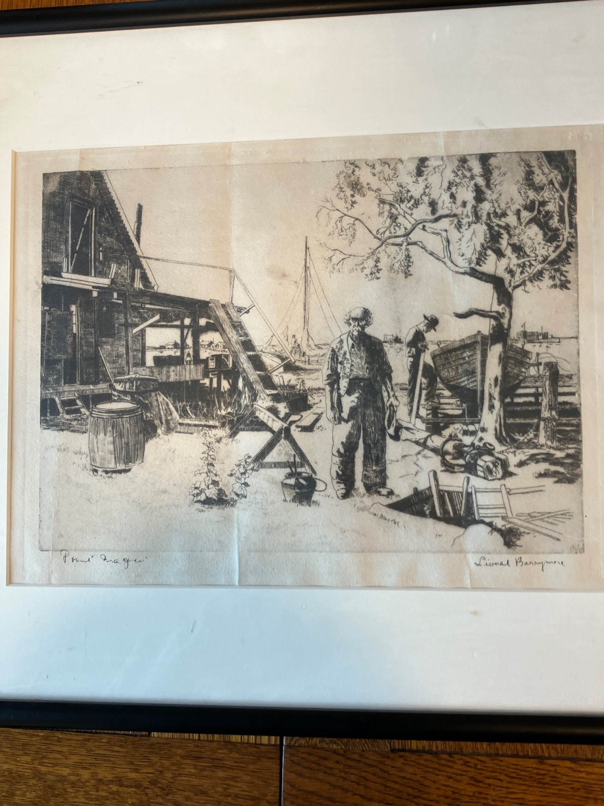 LIONEL BARRYMORE ORIGINAL ETCHING SIGNED WORKING WATERFRONT DOCK SCENE 12×9