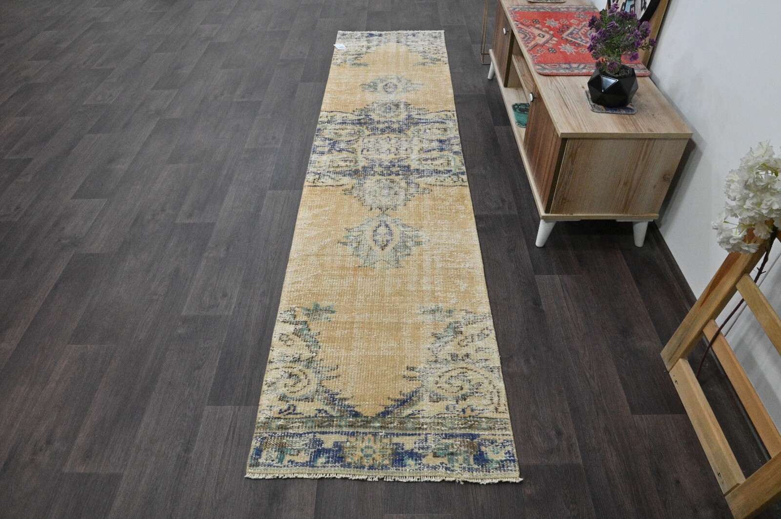 Vintage Turkish Runner Rug 2x9ft BEIGE Handmade Anatolian Oushak Hallway Wool