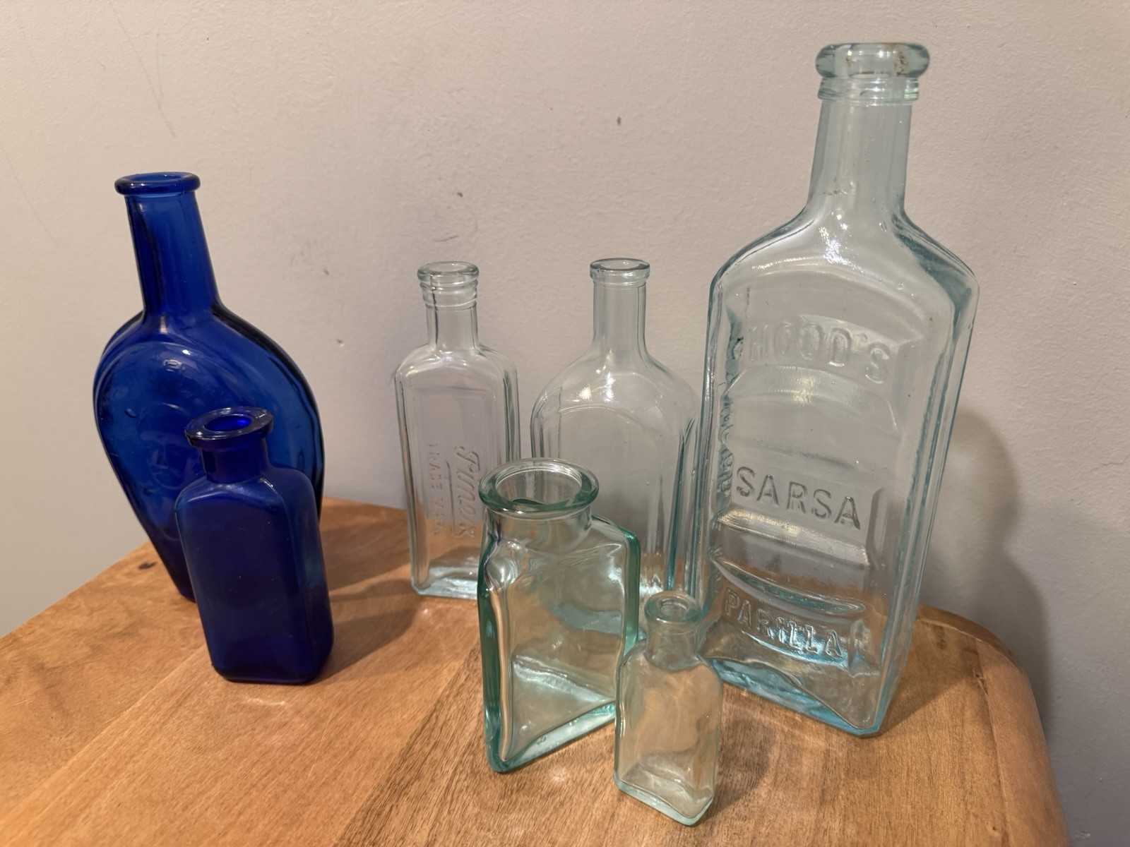 Vintage Apothecary Bottle Lot Blue & Aqua Glass Hood’s Franklin Decor
