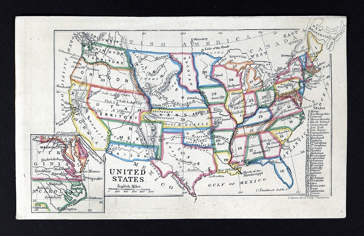1863 Dower Map United States & Territories UT NM AZ WA OR NE KS TX CA OK Dakota