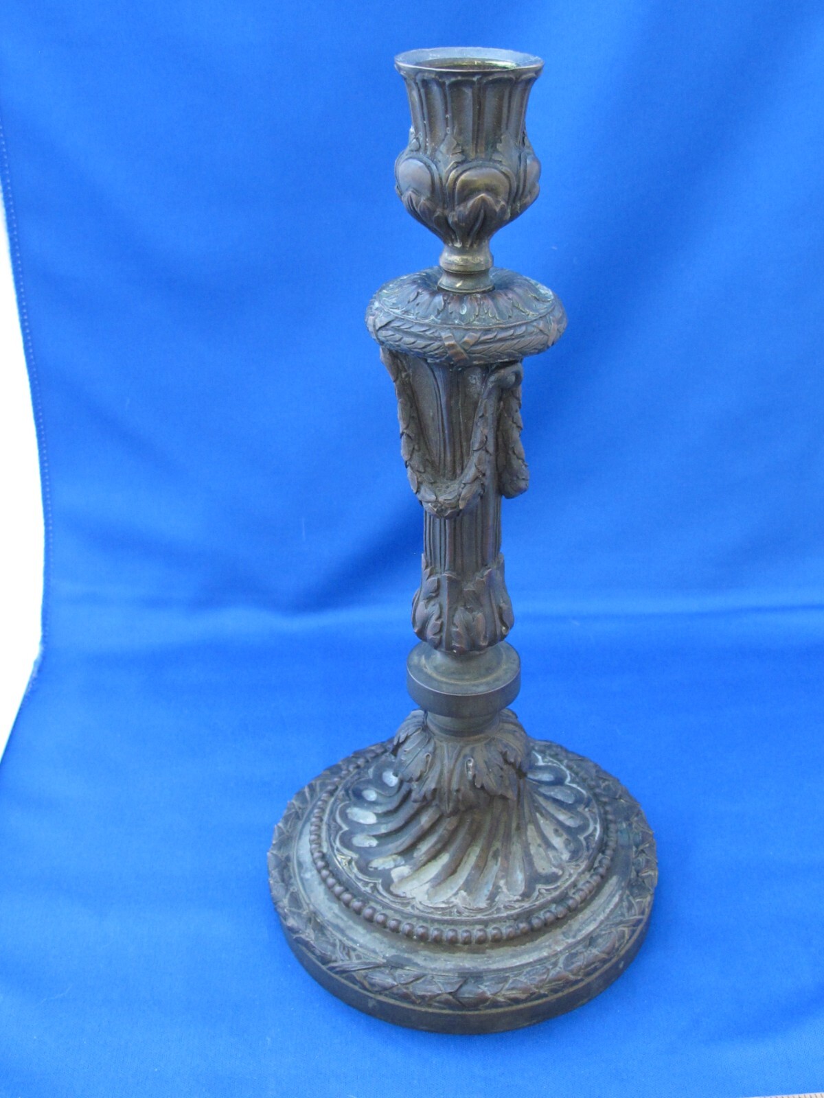 Antique NEOCLASSICAL Bronze CANDLESTICK-Acanthus Leaves & Swags-Dark Patina