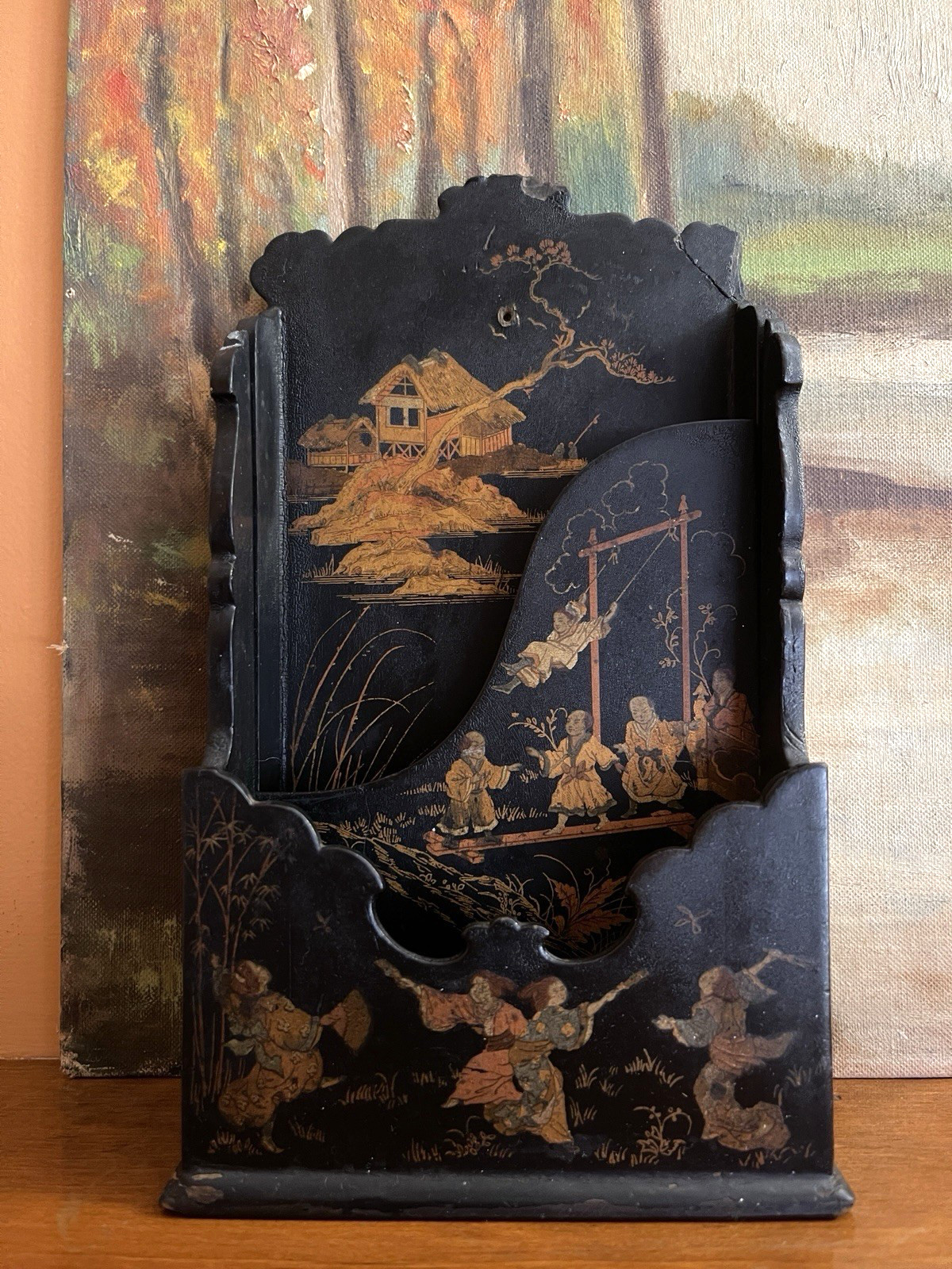 Antique Japanese Oriental Lacquer Ware Wood Hanging Letter Pocket Holder Decor