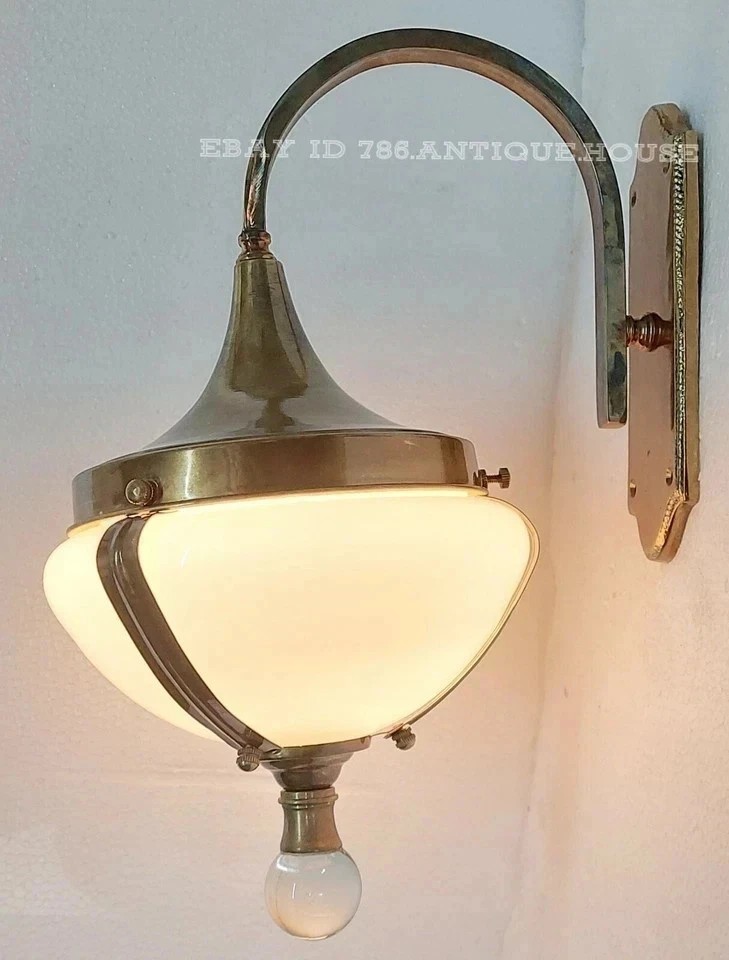 Vintage Art Deco Brass Milk Glass Wall Light Fixture | Ship Sconce Lamp