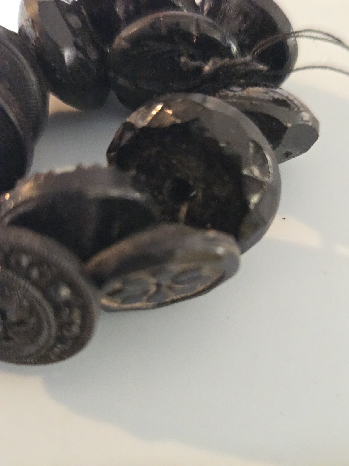 Charm String Buttons Novelty Rubber Co. Whistles Pictoral Pressed Black Glass