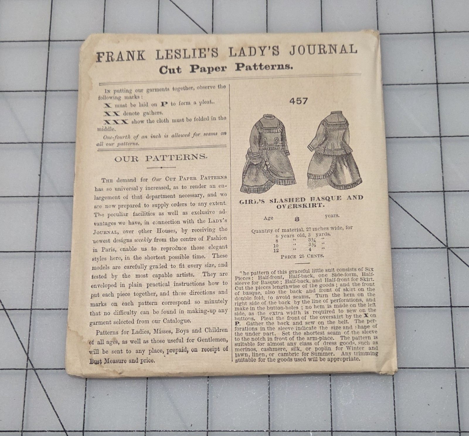 Frank Leslie’s Lady’s Cut Paper Pattern #457 1870s Girls Basque Overskirt Age 8