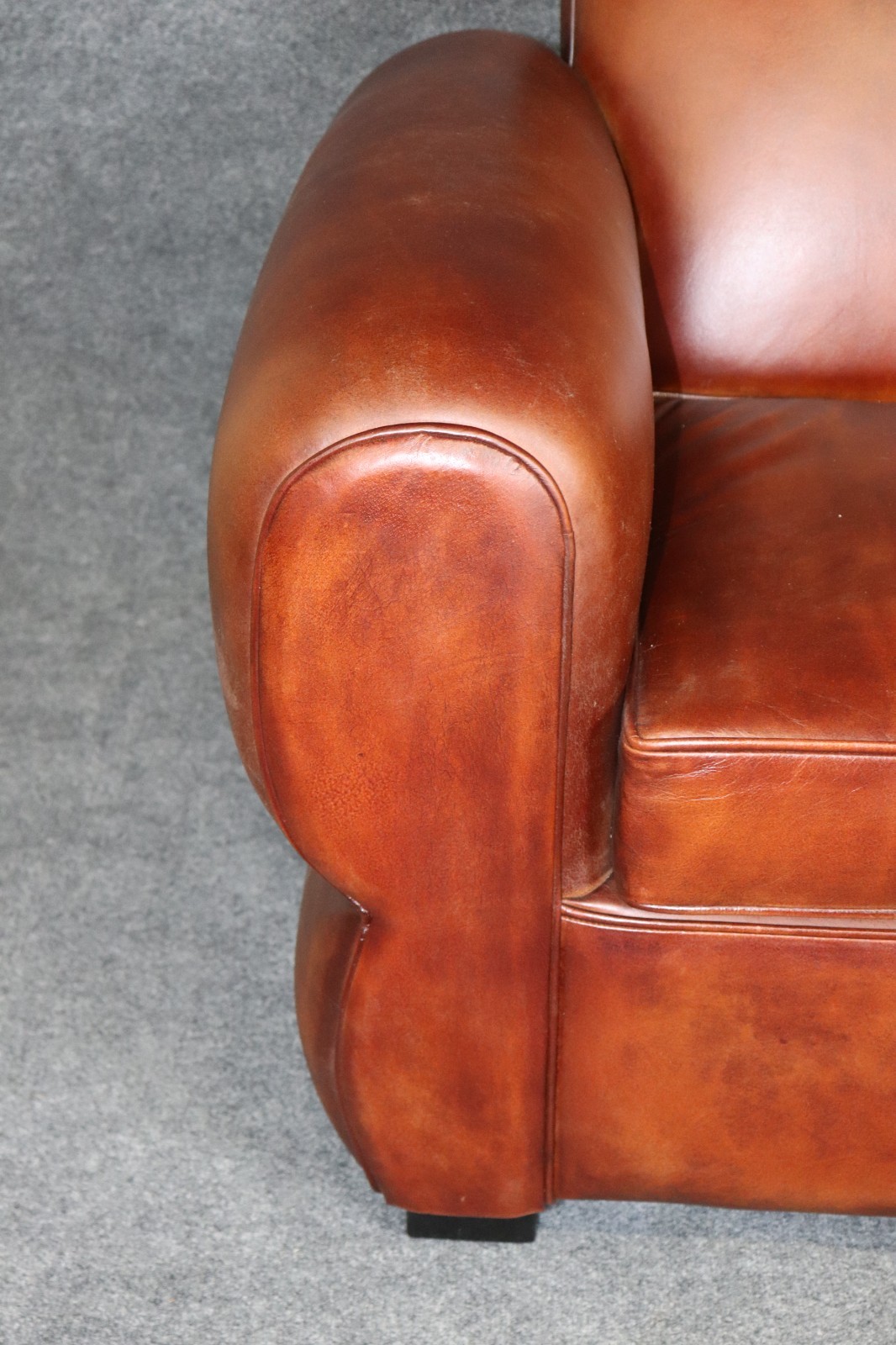 Pair Restored French Art Deco Style Leather Distressed Moustache Club Chairs