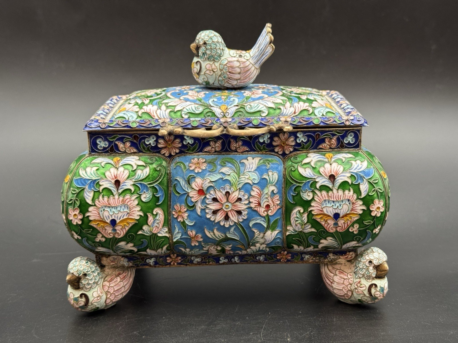 Impressive Antique Russian Silver Enamel Bird Foot Box Trinket Box